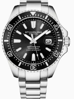 Stuhrling 3950 Men's Depthmaster Quartz Diver Wrist Watch - Black Dial